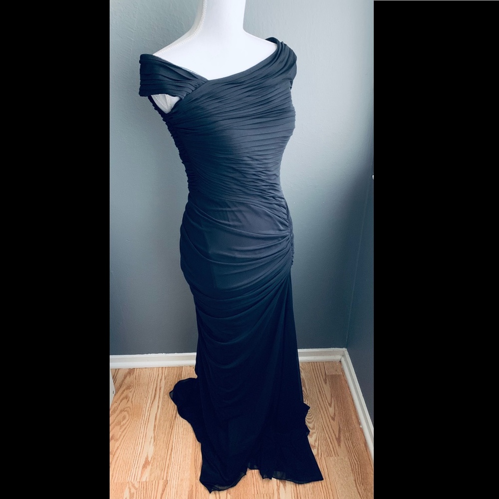 Tadashi Shoji Black Ruched Evening Gown!
